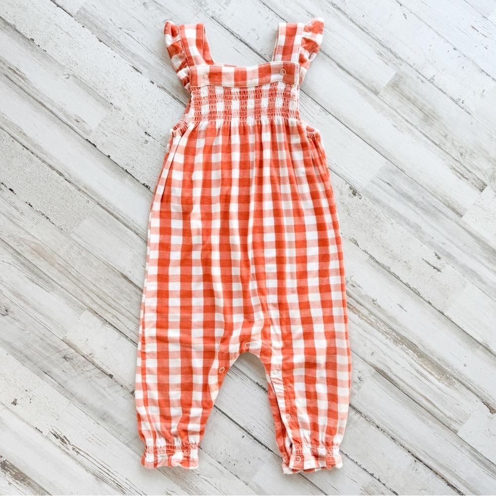 Angel Dear Harvest Pumpkin Smocked Bubble Romper Overalls Orange Gingham 6-12 mo